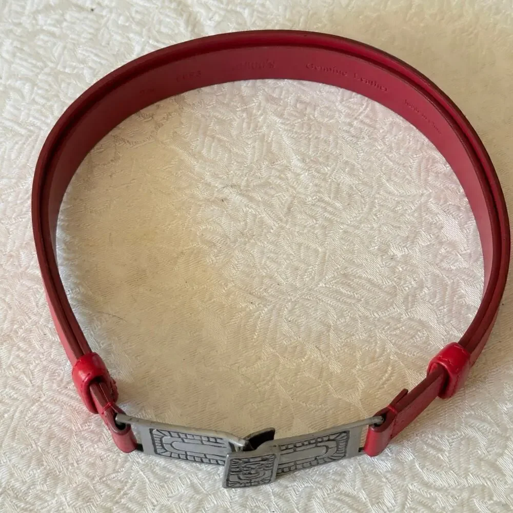 Vintage Cherry Red Leather Belt Pewter Buckle Aztec Mexican Adjustable 22-33”